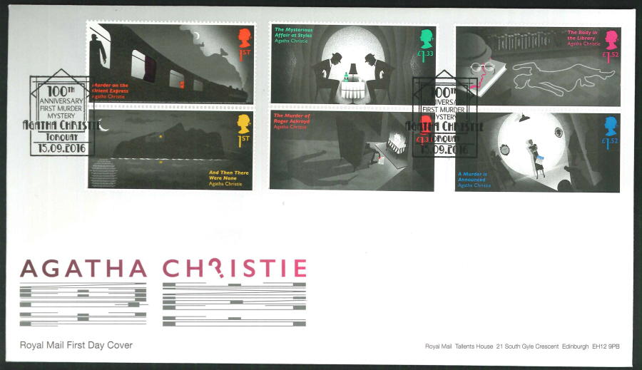 2016 - Agatha Christie, First Day Cover, 100th Anniversary First Murder Mystery, Torquay Postmark